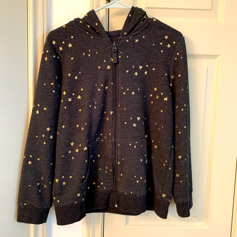 Grey heather full zip hoodie with metallic gold stars, kids XL/womens S